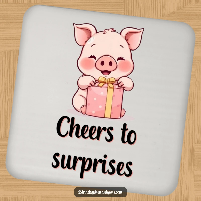 Funny Kawaii Pig Coasters: A set of coasters featuring a rosy-cheeked pig excitedly unwrapping a gift, offering protection and charm.