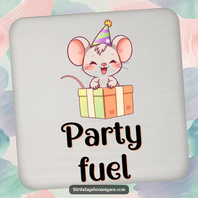 Funny Mouse Coasters: Giggling character riding a gift box, a set of humorous and practical drink coasters.