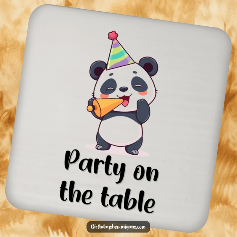 Funny panda drink coasters, set of 4, joyous celebration, wearing party hat, blowing noisemaker, protecting surfaces humorously.