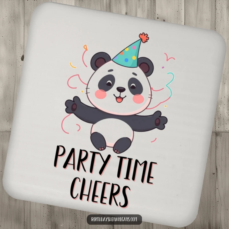 Funny Panda Coaster: A cute panda character in a party hat with streamers, adding festive humor and protecting surfaces.