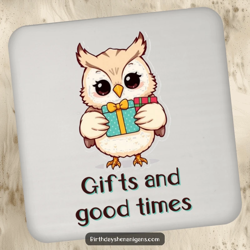 Funny owl character holding presents, designed on drink coasters for a touch of festive humor.