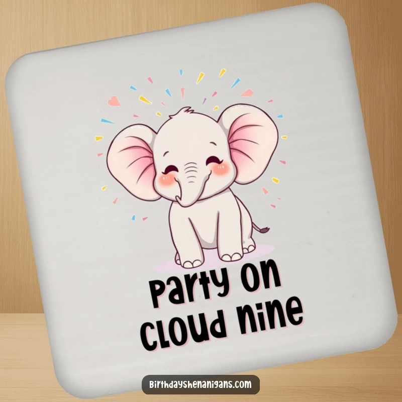 Funny kawaii elephant character trumpeting joyfully, showered in streamers, designed as a colorful drink coaster.
