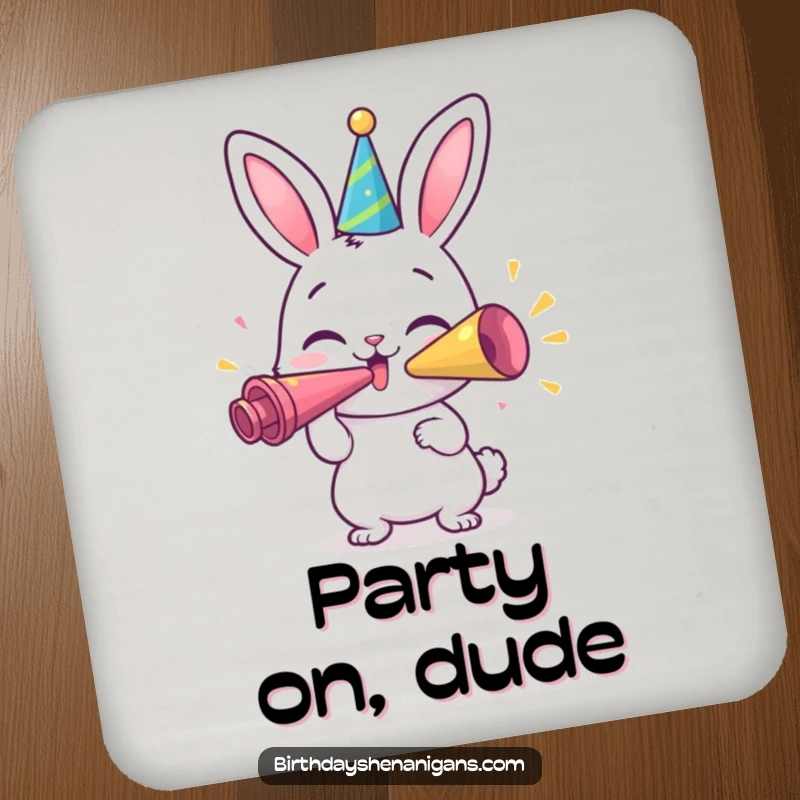 Funny Bunny Coaster: A happy bunny character blowing a giant party horn, adding festive humor and protecting surfaces.
