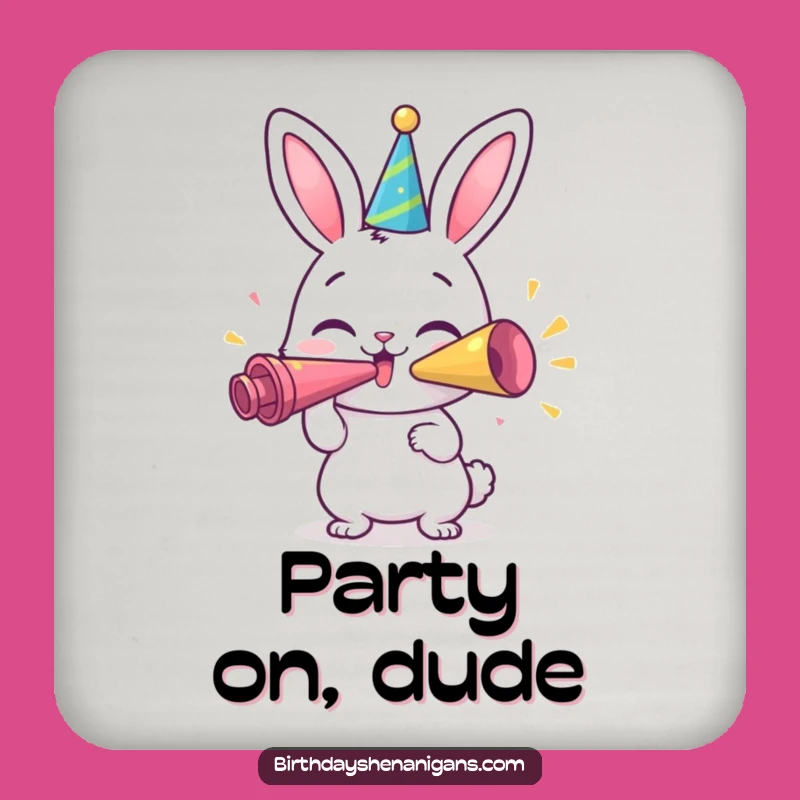 Funny Bunny Party Coaster Set: Happy Character Blows Horn - Bar Gift!