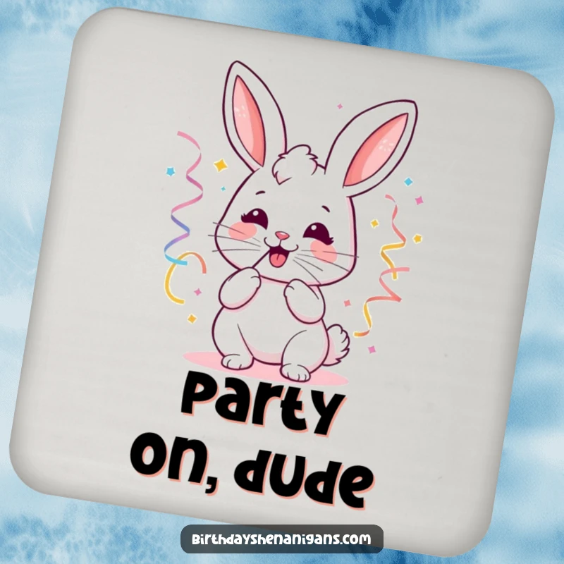 Funny kawaii bunny party coasters featuring a joyful bunny blowing streamers, symbolizing celebration and protecting surfaces.