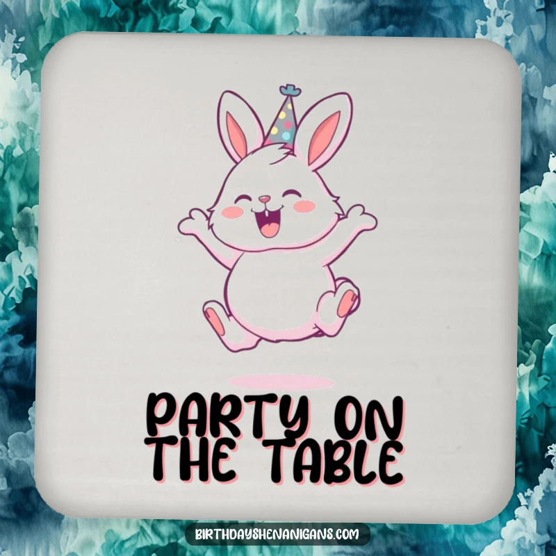 Funny coaster featuring a fluffy bunny in a party hat, captured mid-leap, adding a festive and protective touch.