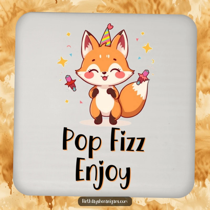 Funny fox coaster with a gleeful character juggling party poppers, protecting furniture with festive cheer.