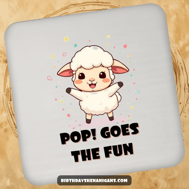 Funny drink coaster with a joyful sheep character playing with confetti, adding a humorous touch to any beverage setting.