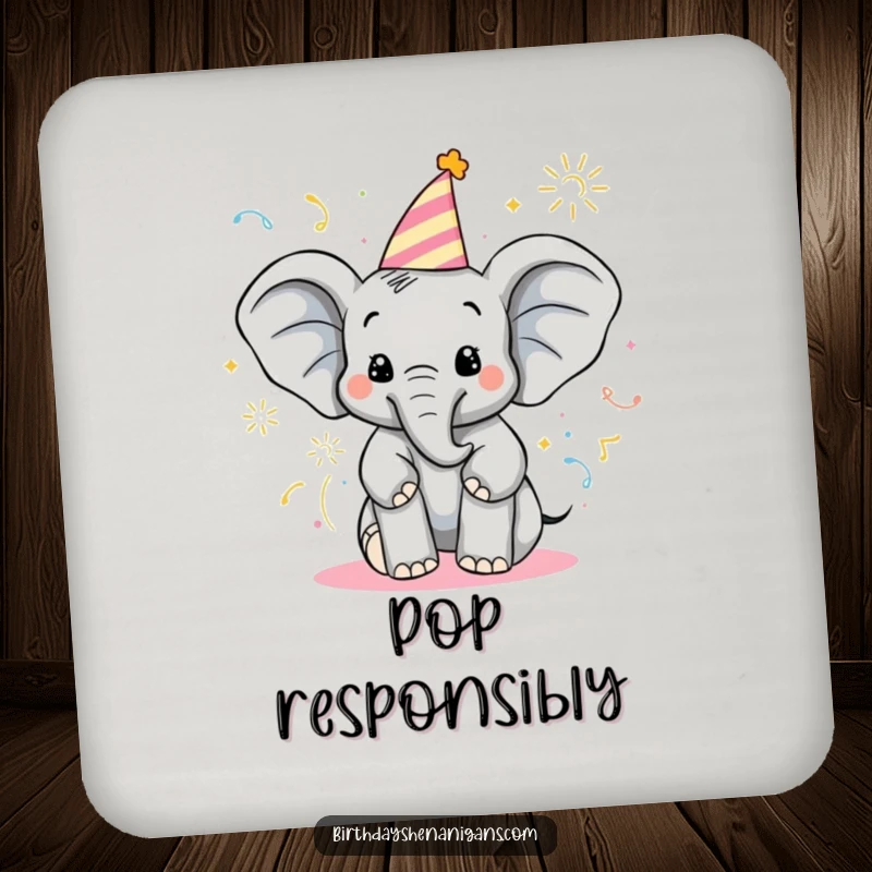 Funny Elephant Coasters: Delighted character sprays party poppers, a set of humorous and practical drink coasters.