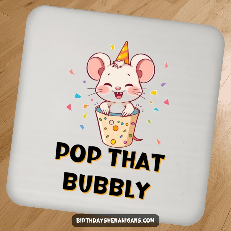 Funny mouse popping out of a party popper, confetti flying, a humorous coaster for drinks and celebrations.