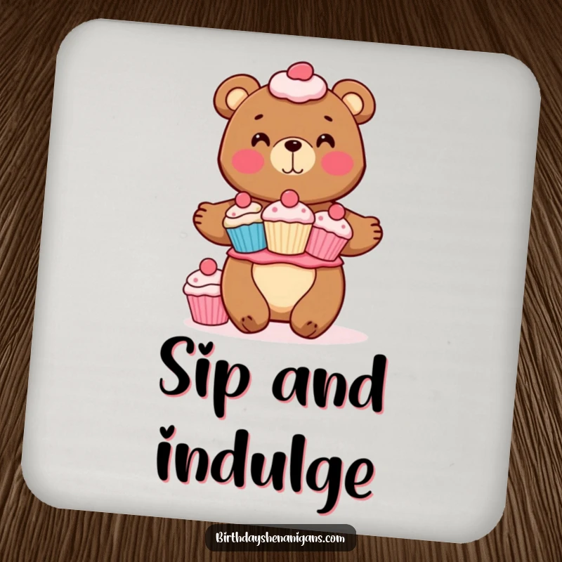 Funny drink coasters showcasing a cheerful bear character balancing a stack of cupcakes. Protects surfaces with sweet charm.