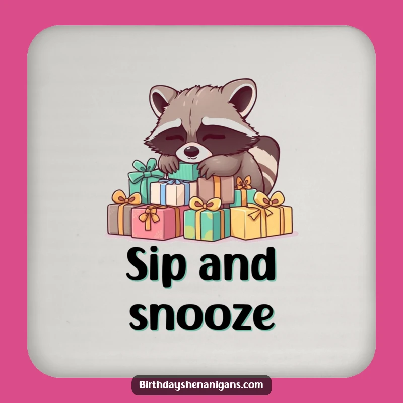 Funny Sleepy Raccoon Present Coaster: Protect Surfaces with Sleepy Charm