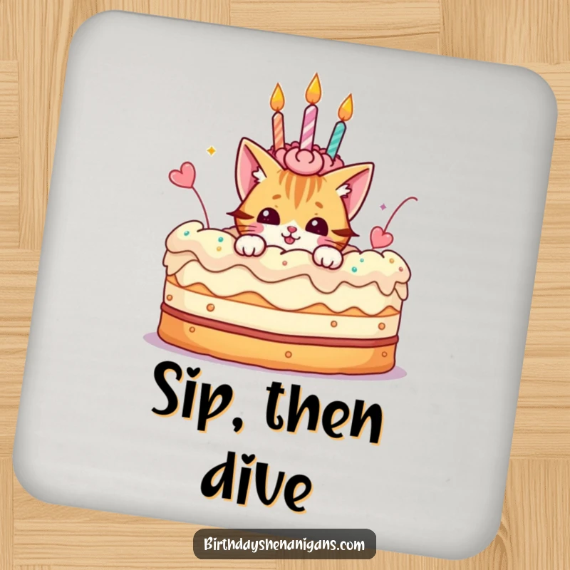 Funny coaster featuring a playful cat character peeking from a giant birthday cake, perfect for party tables.