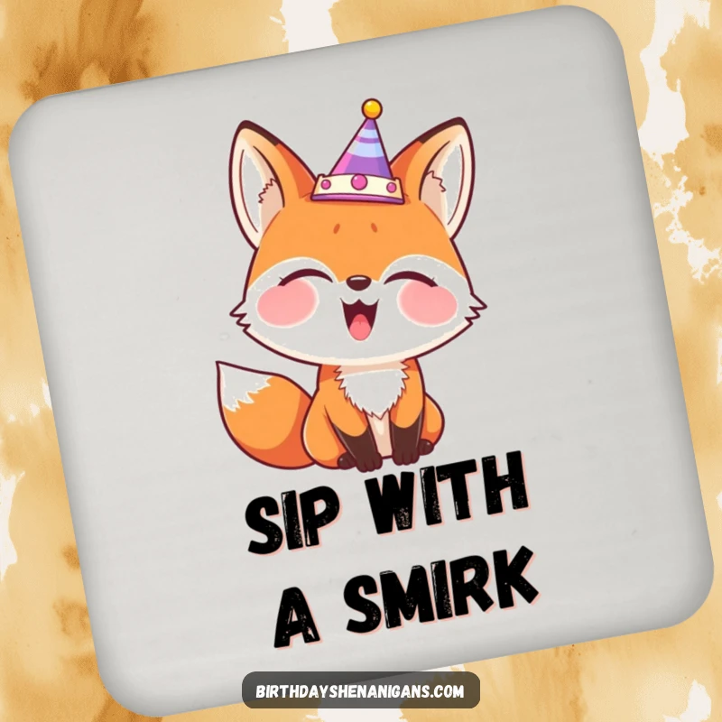 Funny coaster featuring a giggling fox with a party crown tilted comically, adding festive and protective flair.