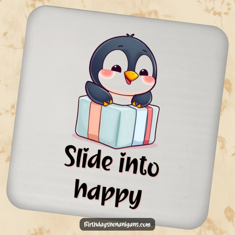 Funny penguin drink coasters, set of 4, cheerful, sliding down wrapped gift, winter charm, protecting surfaces humorously.