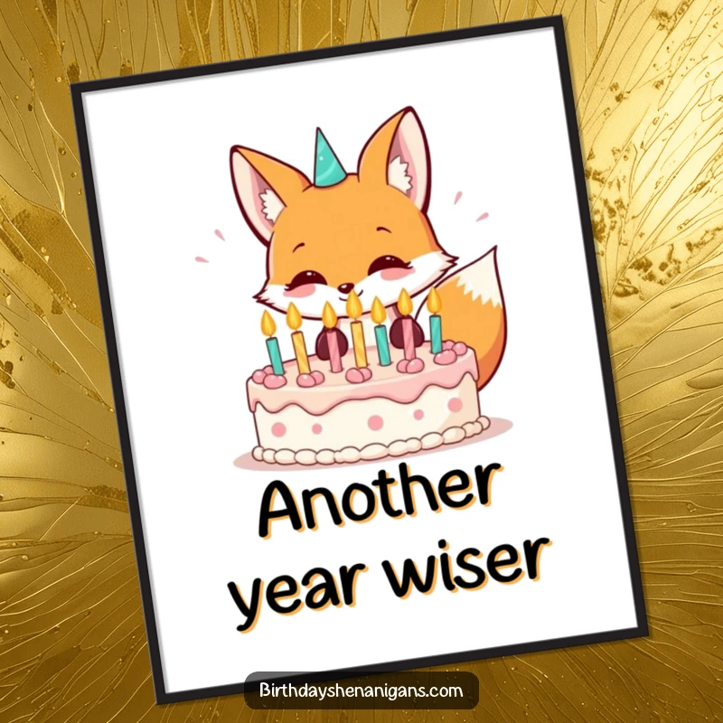 Funny kawaii fox grinning while blowing out birthday cake candles, displayed as festive wall art.