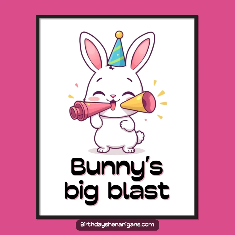 Funny Bunny Party Poster: Happy Character Blows Horn - Wall Art Gift!
