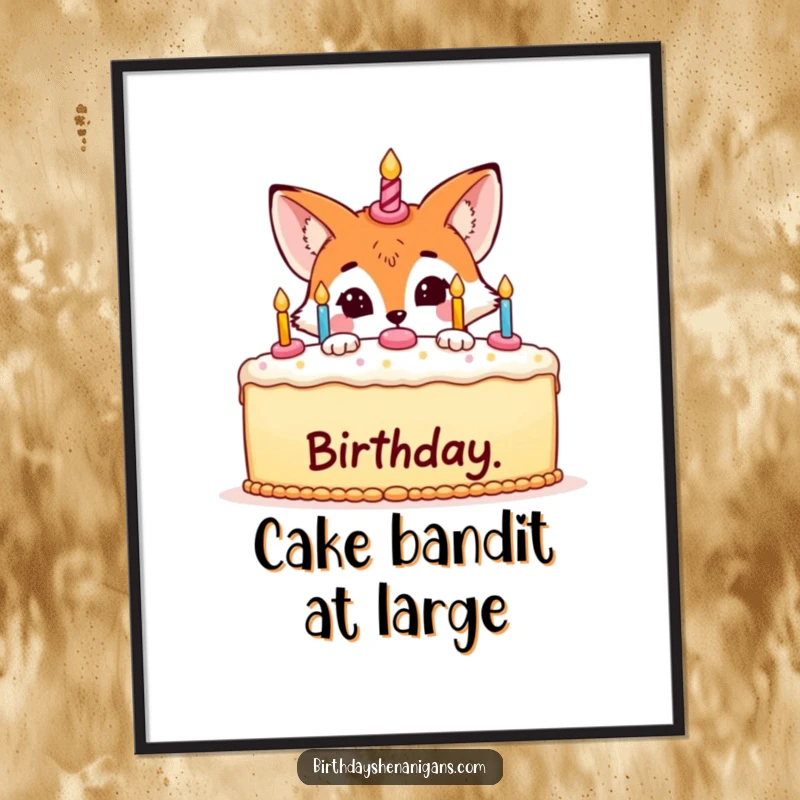 Funny poster art of a cunning fox peeking from behind a grand birthday cake, embodying playful anticipation and fun.