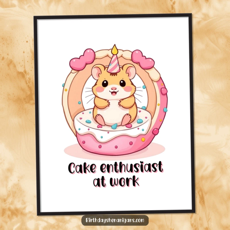 Funny artwork of a kawaii hamster spinning inside a rolling birthday cake, perfect for a humorous poster.