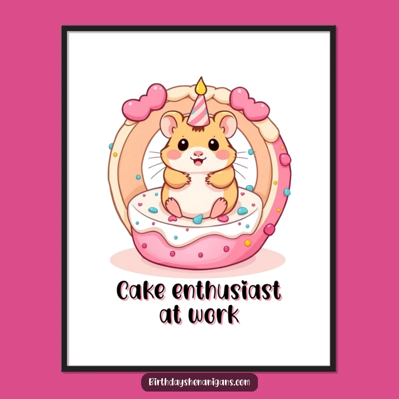 Funny Kawaii Hamster Birthday Poster - Whimsical Rolling Cake Art