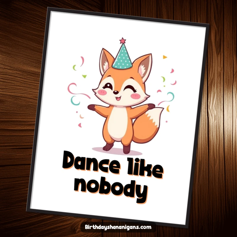 Funny Fox Poster: Cheerful character dances with streamers and a sparkly hat, vibrant wall art.