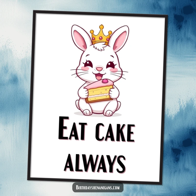 Funny rabbit poster, wearing crown, holding cake, royal celebration, festive wall art, cute bunny, humorous.