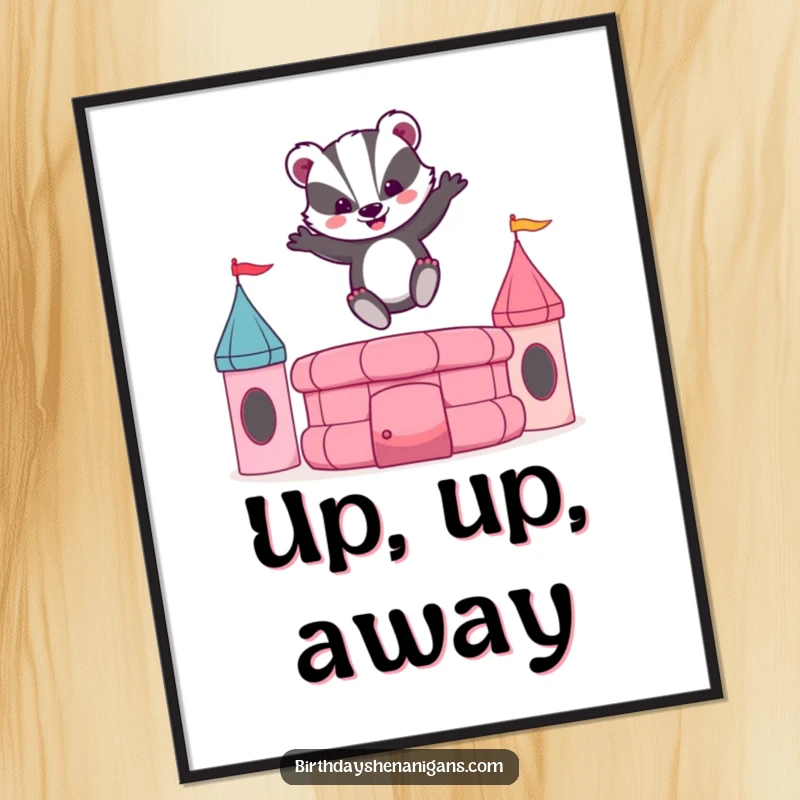 Funny poster art of an ecstatic badger leaping high on an inflatable bouncy castle, conveying sheer delight and fun.