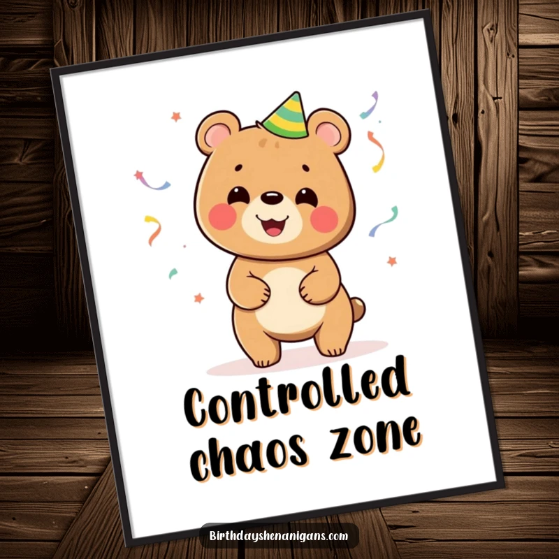 Funny poster art of a cheerful bear juggling colorful party streamers, creating a festive and dynamic visual.