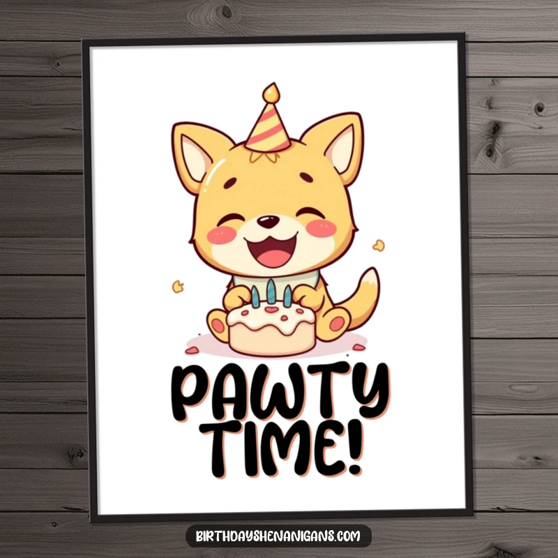 Funny poster print of a delighted dog wearing a birthday bib, gleefully smashing a tiny cake, a moment of pure joy.