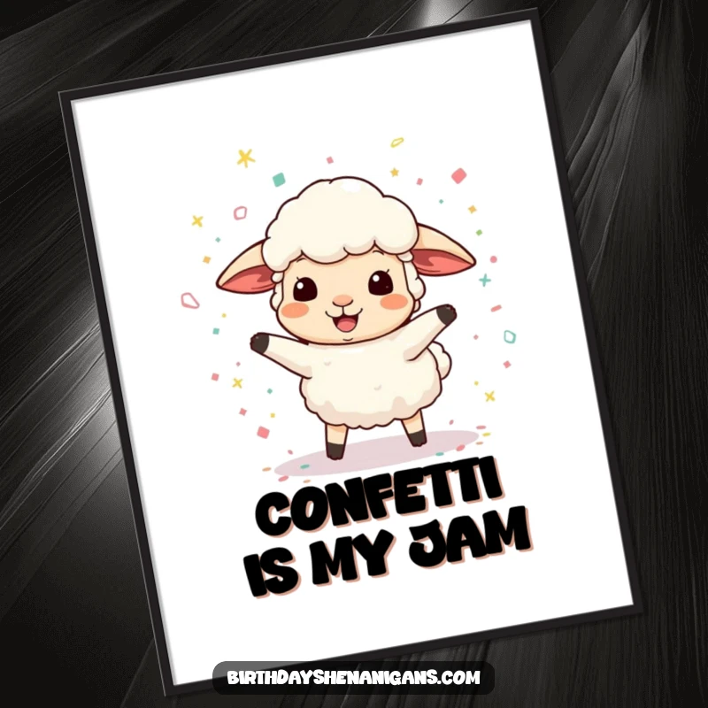 Funny poster print of a gleeful sheep character mid-bounce, surrounded by a vibrant explosion of confetti, creating a festive and joyful scene.