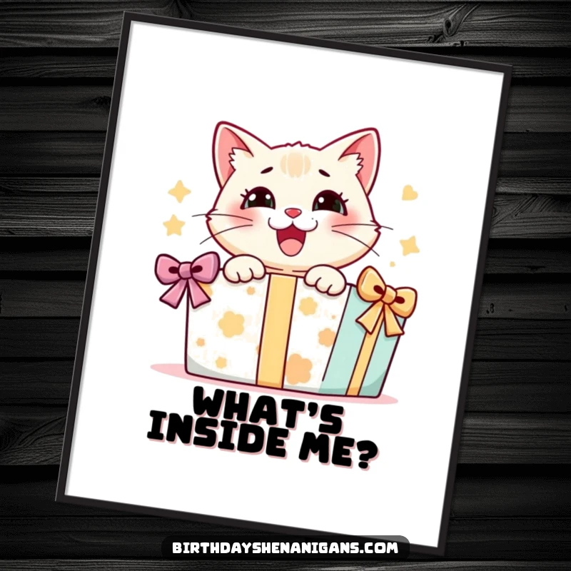 Funny poster art of a cat character expressing pure delight while unboxing a massive, exciting present. A celebration of surprise and joy.