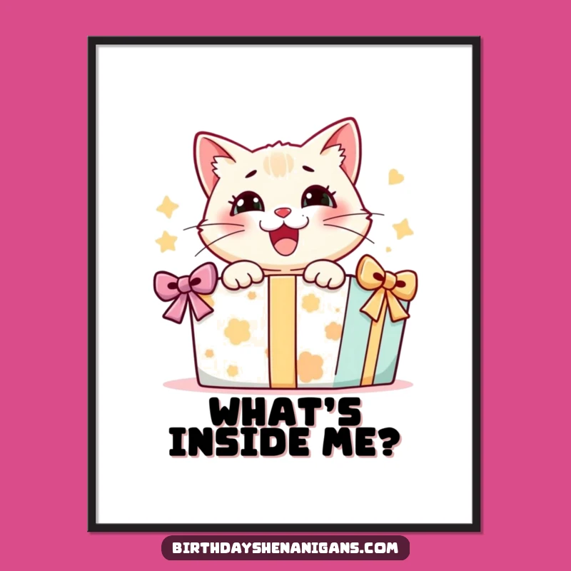 Funny Cat Present Poster: Delighted Kitty Opening Gift, Charming Wall Art!