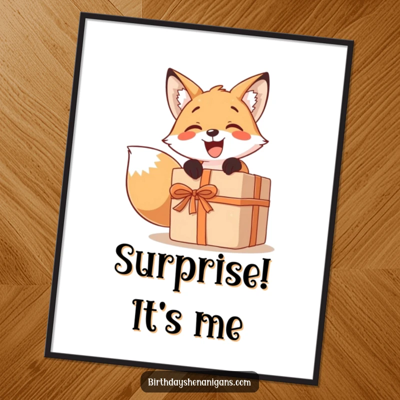 Funny poster featuring a smiling fox character excitedly unwrapping a comically large present, perfect for festive wall decor.