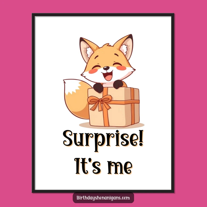 Funny Fox Present Poster: Excited Character Unwrapping Large Gift, Wall Art