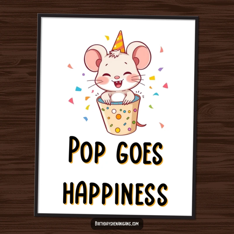 Funny giggling mouse bursting from a party popper, colorful confetti explosion, humorous wall art for party enthusiasts.