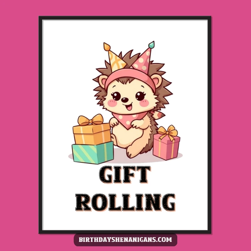Funny Hedgehog Art Print: Rolling Present Poster, Whimsical Gift!