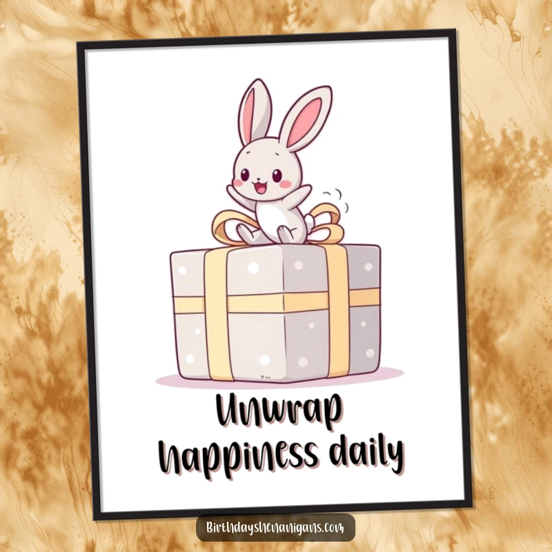 Funny poster of a kawaii bunny joyfully bouncing on a giant present, adding whimsical cheer and happiness to any wall space.