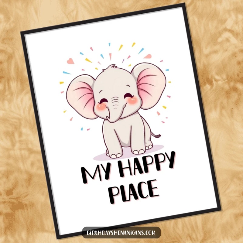 Funny artwork of a kawaii elephant trumpeting with pure joy, showered in colorful streamers, a delightful birthday poster.