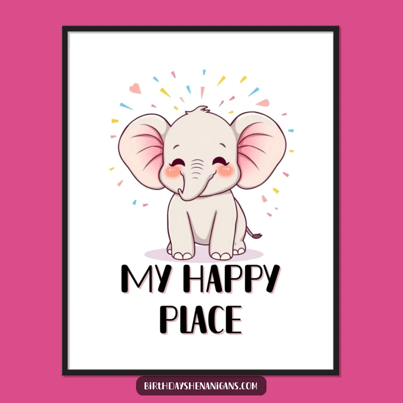 Funny Kawaii Elephant Birthday Poster - Joyful Trumpet and Streamer Art