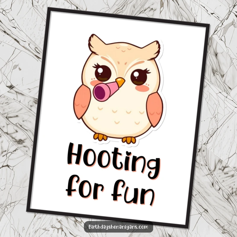 Funny kawaii owl character wearing a party blower in its beak on a poster, creating a whimsical and festive piece of art.