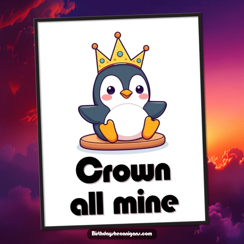 Funny kawaii penguin character sliding with a silly party crown on a poster, creating a whimsical and joyful piece of art.