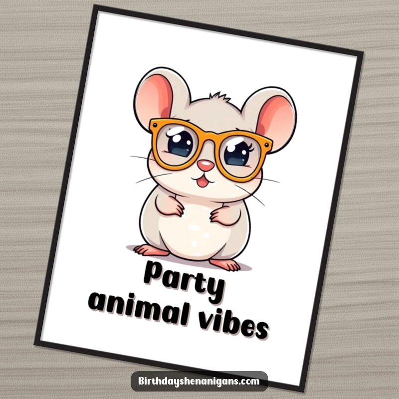 A round mouse character in tiny party glasses, depicted on a poster ready to liven up any space.