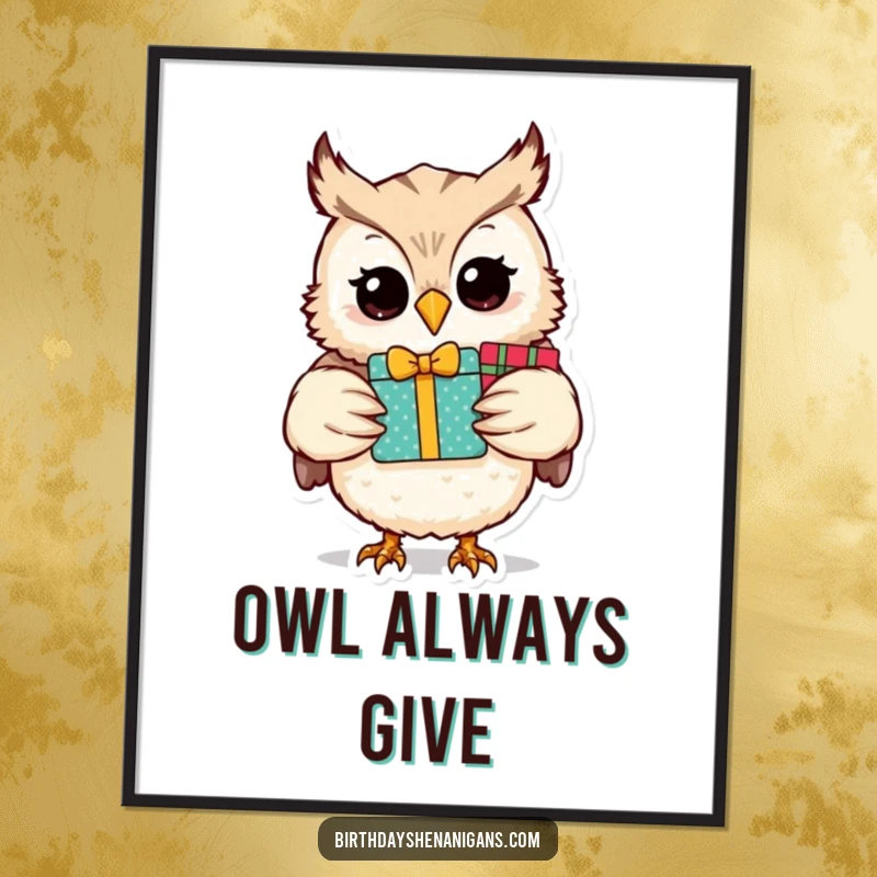 Funny owl character joyfully holding many wrapped presents, a festive and humorous wall art print.