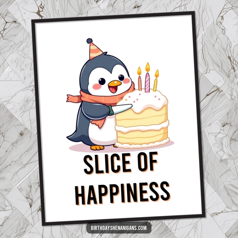 Funny poster art of a happy penguin in a birthday scarf, hilariously attempting to cut a giant cake, creating a festive mood.