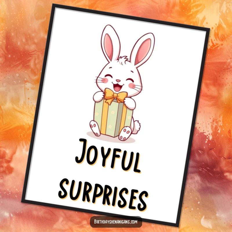 Funny Rabbit Gift Poster: A cheerful rabbit joyfully unwraps a bright gift, bringing hilarious joyful vibes.