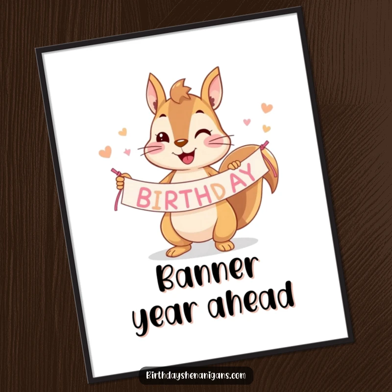 Funny squirrel poster print depicting a happy character holding a colorful birthday banner, perfect for festive wall art.