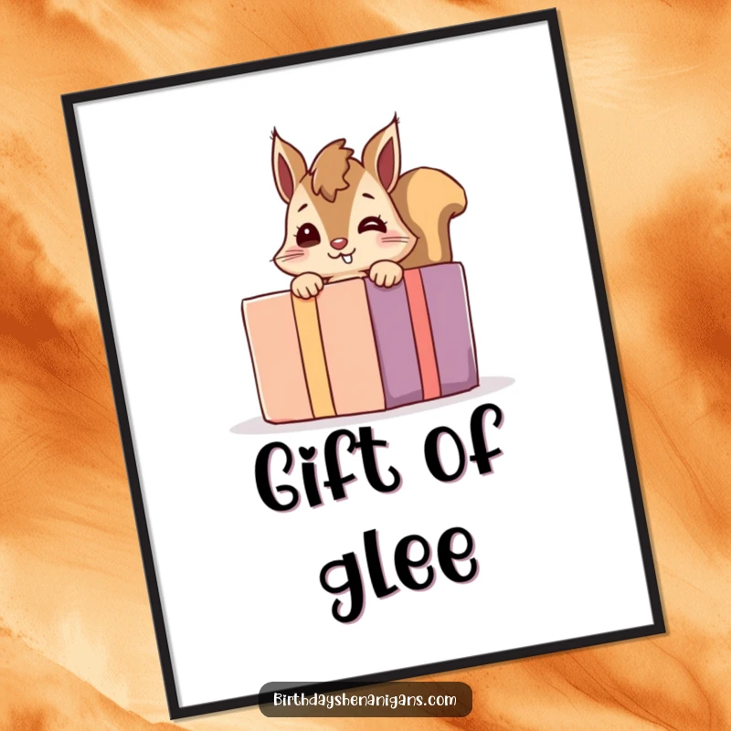 Funny giggling squirrel poster print of a playful character peeking from behind a giant present, adding humorous wall art.