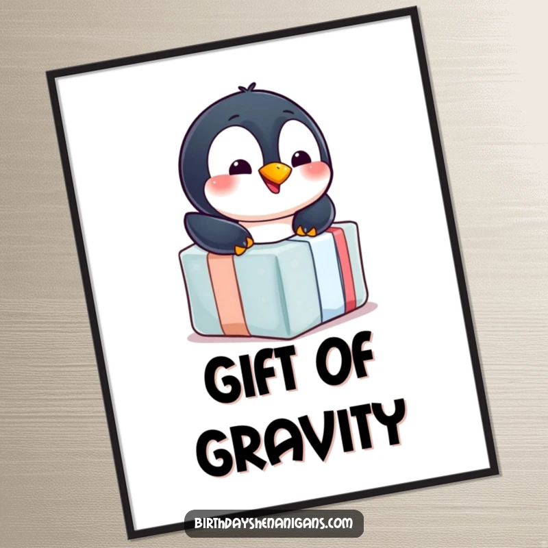 Funny penguin poster, cheerful, sliding down wrapped gift, winter wall art, playful decor, cute penguin, humorous.