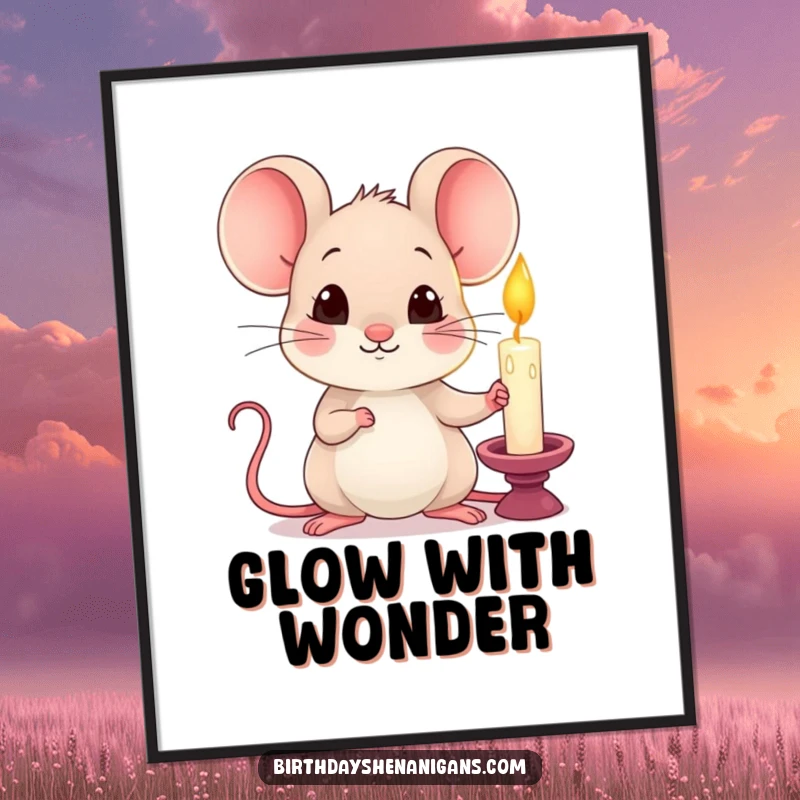 Funny kawaii mouse holding a single lit candle with a curious expression, vibrant wall art poster.
