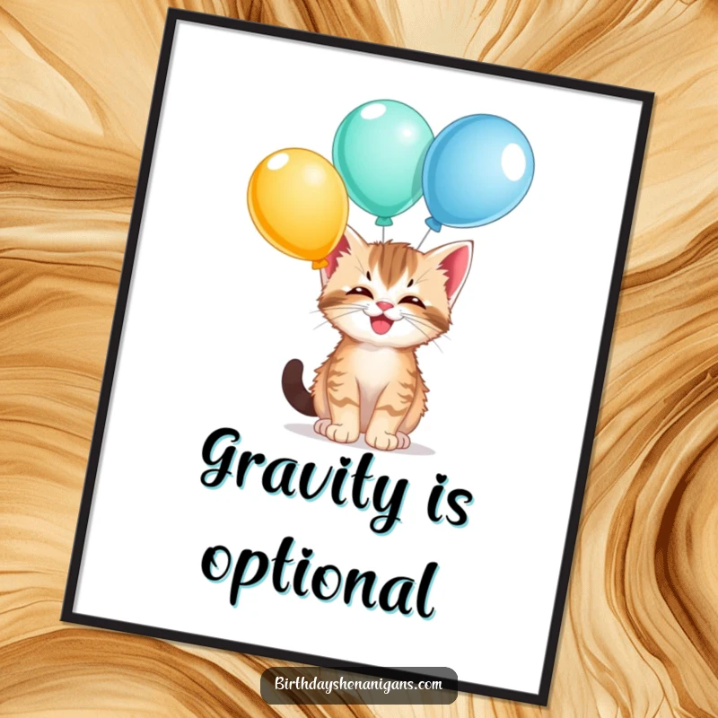 Funny kitten poster, giggling, balancing balloons on nose, whimsical wall art, playful decor, cute cat, humorous.